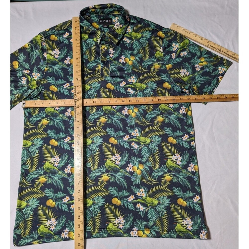 CHASE‎ 54 Men Large Cotton Stretch Green Floral Tropical Lemon Golf Polo - Picture 8 of 15